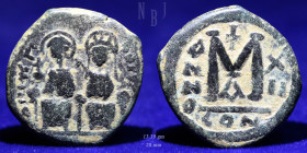 Byzantine: AE Follis, JUSTIN II with SOPHIA, 565-578. Constantinople, 13.39gm, VF