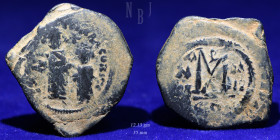 Byzantine: AE Follis, JUSTIN II with SOPHIA?, 565-578. Constantinople, 12.13gm, VF to Good F