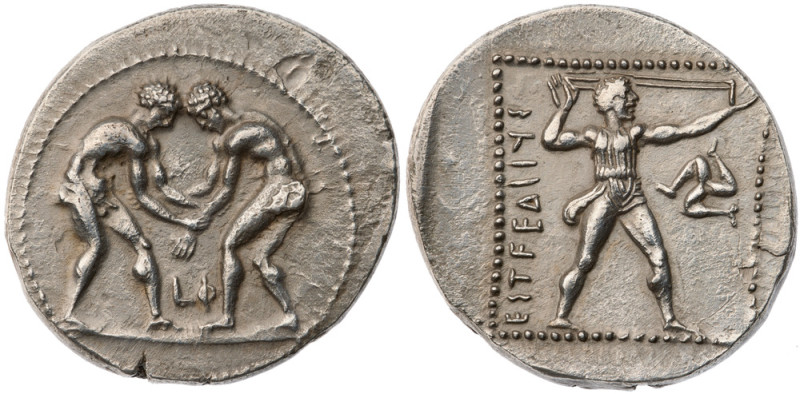 Pamphylia. Aspendos. AR Stater (10.6 gr.), 380-325 BC. Two wrestlers grappling, ...