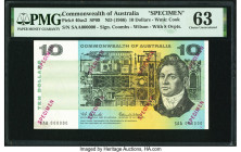 Australia Commonwealth of Australia Reserve Bank 10 Dollars ND (1966) Pick 40as2 Specimen PMG Choice Uncirculated 63. A beautiful rare Specimen from t...