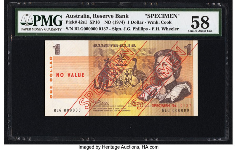 Australia Reserve Bank 1 Dollar ND (1974) Pick 42s1 SP16 Specimen PMG Choice Abo...