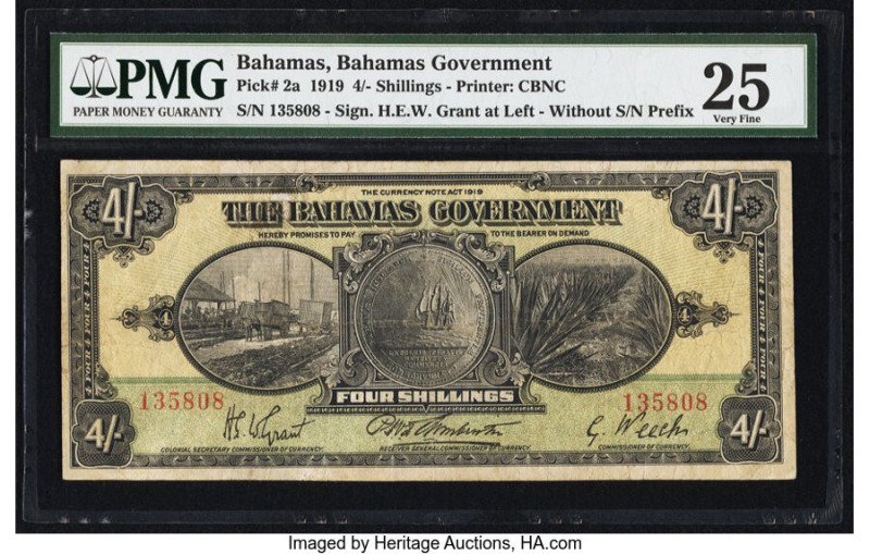 Bahamas Bahamas Government 4 Shillings 1919 Pick 2a PMG Very Fine 25. An exquisi...