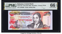 Bahamas Central Bank 20 Dollars 1974 (ND 1993) Pick 54a PMG Gem Uncirculated 66 EPQ. A rare opportunity to obtain such a scarce example. When Queen El...