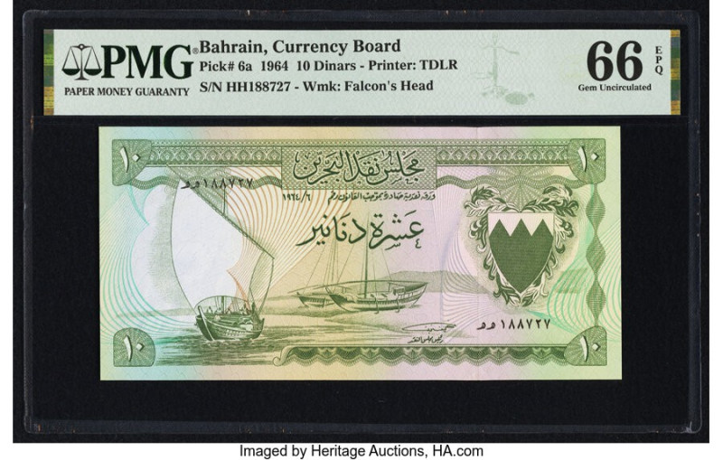 Bahrain Currency Board 10 Dinars 1964 Pick 6a PMG Gem Uncirculated 66 EPQ. All b...