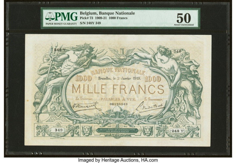 Belgium Banque Nationale de Belgique 1000 Francs 2.1.1919 Pick 73 PMG About Unci...