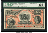 Bolivia Banco Potosi 50 Bolivianos 1.1.1887 Pick S225s Specimen PMG Choice Uncirculated 64. A rare Specimen infused with vivid color and delightful gu...