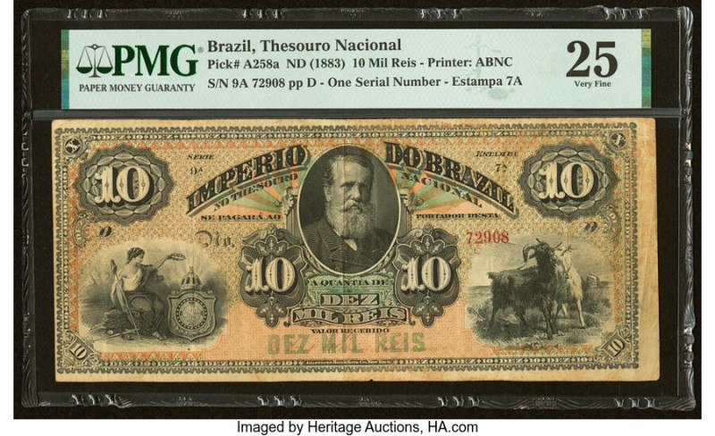 Brazil Thesouro Nacional 10 Mil Reis ND (1883) Pick A258a PMG Very Fine 25. An t...
