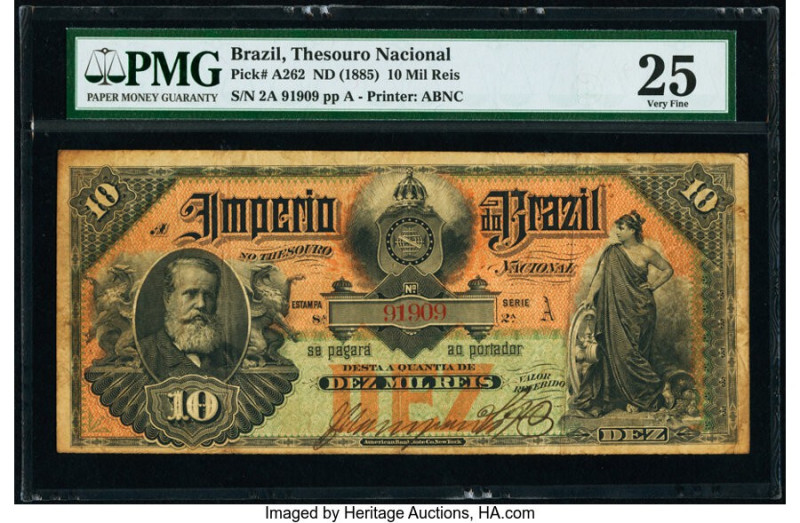 Brazil Thesouro Nacional 10 Mil Reis ND (1885) Pick A262 PMG Very Fine 25. Print...