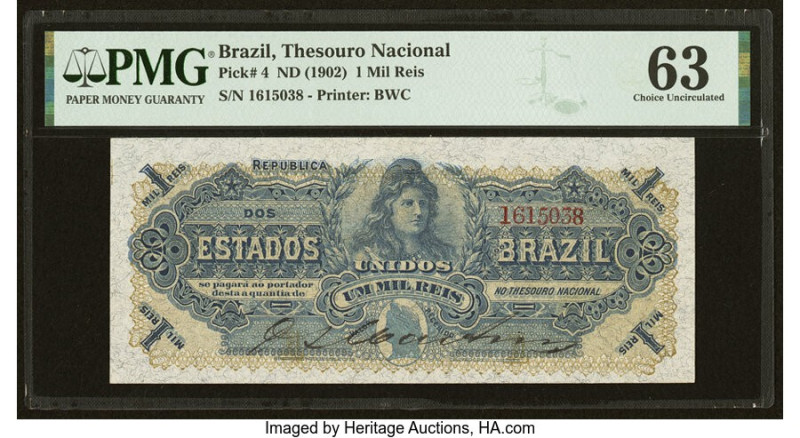 Brazil Thesouro Nacional 1 Mil Reis ND (1902) Pick 4 PMG Choice Uncirculated 63....