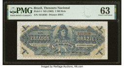 Brazil Thesouro Nacional 1 Mil Reis ND (1902) Pick 4 PMG Choice Uncirculated 63. A unique type printed by Bradbury, Wilkinson & Company, composed with...