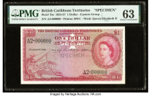 British Caribbean Territories Currency Board 1 Dollar 3.1.1956 Pick 7bs Specimen PMG Choice Uncirculated 63. A beautiful, colorful Specimen featuring ...