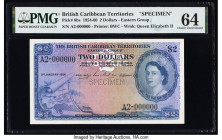 British Caribbean Territories Currency Board 2 Dollars 3.1.1956 Pick 8bs Specimen PMG Choice Uncirculated 64. An excellent portrait of Queen Elizabeth...