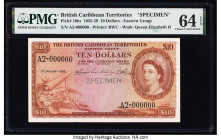British Caribbean Territories Currency Board 10 Dollars 3.1.1956 Pick 10bs Specimen PMG Choice Uncirculated 64 EPQ. A beautiful Queen Elizabeth II Spe...
