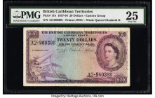 British Caribbean Territories Currency Board 20 Dollars 2.1.1957 Pick 11b PMG Very Fine 25. A wonderful issue featuring a portrait of young Queen Eliz...