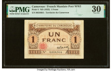 Cameroon Territoire Du Cameroun 1 Franc ND (1922) Pick 5 PMG Very Fine 30. A well preserved note from the French Mandate Post World War I, of which on...