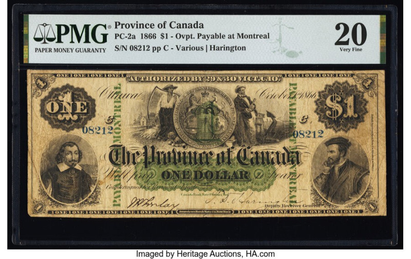 Canada Province of Canada, Montreal $1 1.10.1866 PC-2a PMG Very Fine 20. The 186...