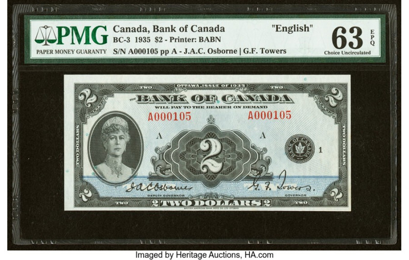 Low Serial Number 105 Canada Bank of Canada $2 1935 BC-3 English Text PMG Choice...