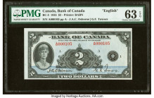 Low Serial Number 105 Canada Bank of Canada $2 1935 BC-3 English Text PMG Choice Uncirculated 63 EPQ. A three digit serial number is present on this p...