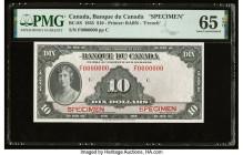Canada Bank of Canada $10 1935 BC-8S French Variety Specimen PMG Gem Uncirculated 65 EPQ. A rare Specimen from the 1935 series, heightened by a portra...