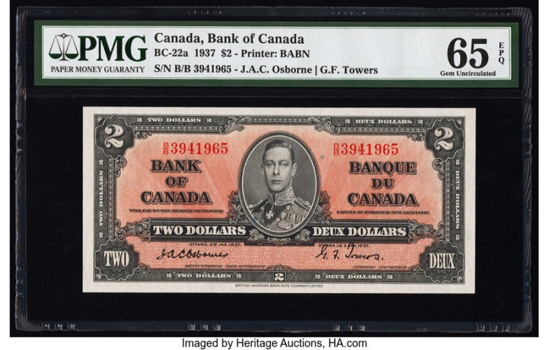 Canada Bank of Canada $2 2.1.1937 BC-22a PMG Gem Uncirculated 65 EPQ. An enticin...