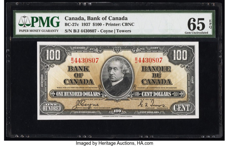 Canada Bank of Canada $100 2.1.1937 BC-27c PMG Gem Uncirculated 65 EPQ. A highly...