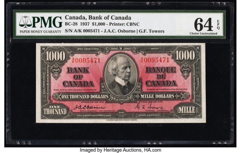 Canada Bank of Canada $1000 2.1.1937 BC-28 PMG Choice Uncirculated 64 EPQ. An at...