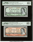 Serial Number 59 Pair Canada Bank of Canada $1; $2 1954 BC-29a; BC-30a Two Devils Face Examples PMG Gem Uncirculated 65 EPQ; Choice Uncirculated 63 EP...