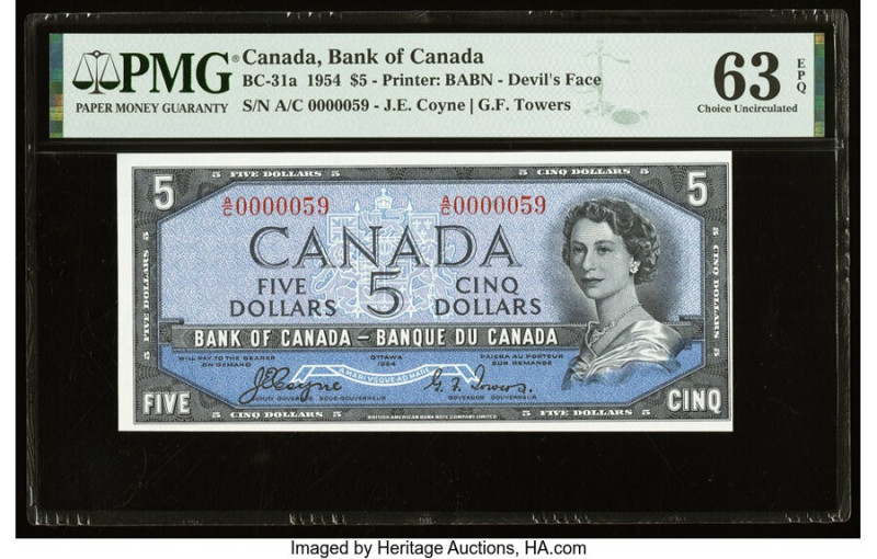 Serial Number 59 Canada Bank of Canada $5 1954 BC-31a "Devil's Face" PMG Choice ...