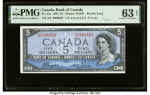 Serial Number 59 Canada Bank of Canada $5 1954 BC-31a "Devil's Face" PMG Choice Uncirculated 63 EPQ. A beautiful note, featuring the desirable "Devil'...