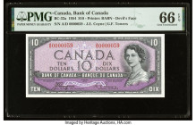 Serial Number 59 Canada Bank of Canada $10 1954 BC-32a "Devil's Face" PMG Gem Uncirculated 66 EPQ. A wonderful combination of first prefix A/D, low se...