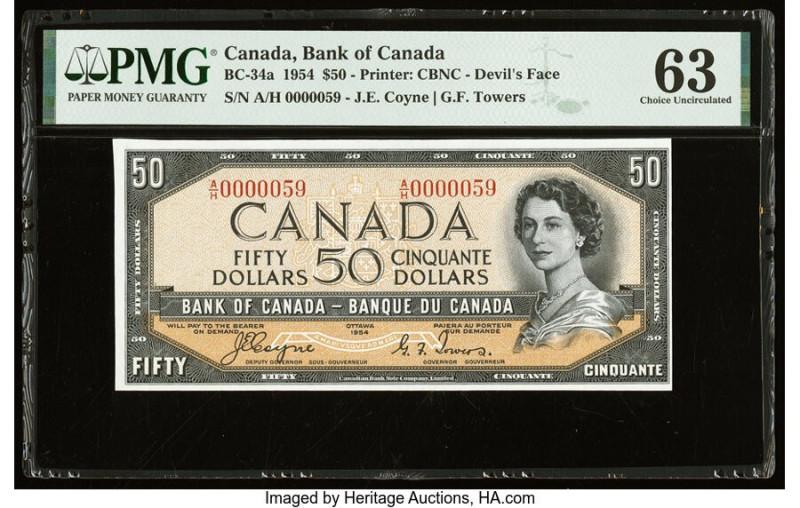 Serial Number 59 Canada Bank of Canada $50 1954 BC-34a "Devil's Face" PMG Choice...