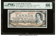 Serial Number 59 Canada Bank of Canada $100 1954 BC-35a "Devil's Face" PMG Gem Uncirculated 66 EPQ. Bold inks and bright paper highlight this lovey lo...