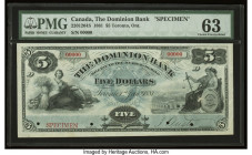 Canada Toronto, ON- Dominion Bank $5 1.1.1881 Ch.# 220-12-04S Specimen PMG Choice Uncirculated 63. Beautiful and delicate design elements grace both s...