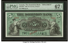 Canada Toronto, ON- Dominion Bank $5 1.1.1896 Ch.# 220-16-02S Specimen PMG Superb Gem Unc 67 EPQ. A stunning Specimen, with vivid colors and appealing...