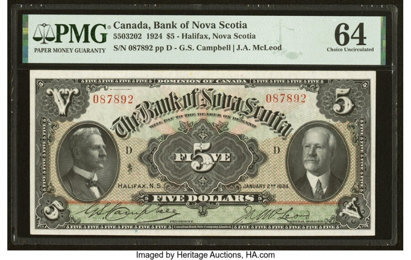 Canada Halifax, NS- Bank of Nova Scotia $5 2.1.1924 Ch.# 550-32-02 PMG Choice Un...