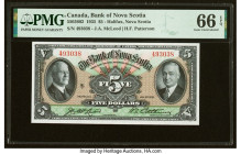 Canada Halifax, NS- Bank of Nova Scotia $5 2.1.1935 Ch.# 550-36-02 PMG Gem Uncirculated 66 EPQ. Exhibiting brilliant portraits of J.A. McLeod and H.F....
