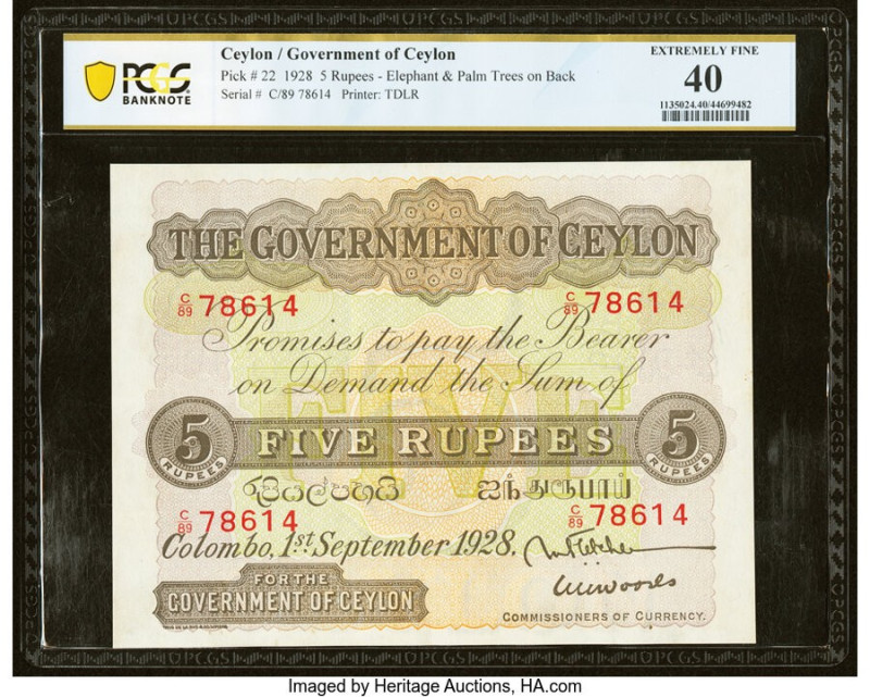 Ceylon Government of Ceylon 5 Rupees 1.9.1928 Pick 22 PCGS Banknote Extremely Fi...