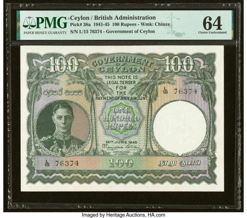 Ceylon Government of Ceylon 100 Rupees 24.6.1945 Pick 38a PMG Choice Uncirculate...