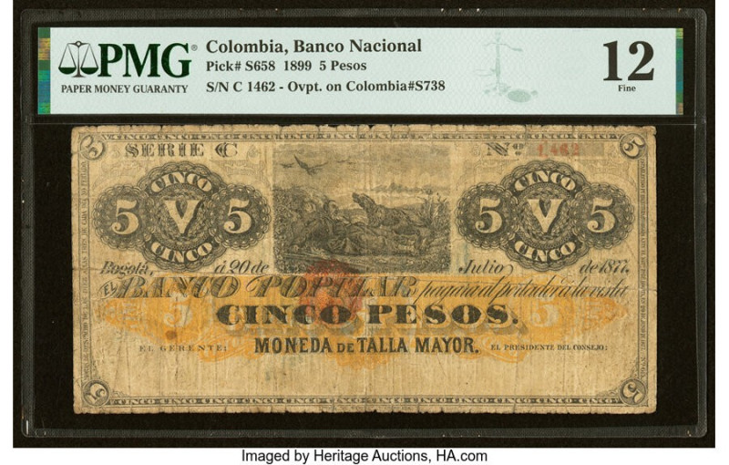 Colombia Banco Nacional 5 Pesos 1899 Pick S658 PMG Fine 12. Strong design elemen...