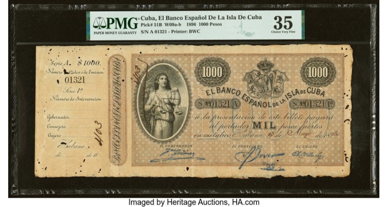 Cuba Banco Espanol De La Isla De Cuba 1000 Pesos 15.5.1896 Pick 51B PMG Choice V...