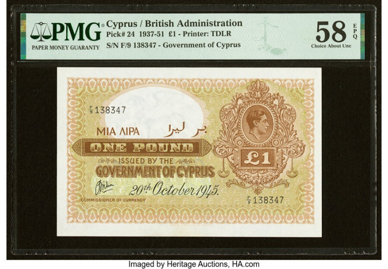 Cyprus Government of Cyprus 1 Pound 20.10.1945 Pick 24 PMG Choice About Unc 58 E...