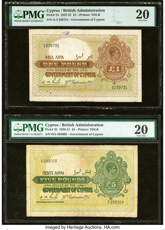 Cyprus Government of Cyprus 1; 5 Pounds 30.9.1951 Pick 24; 25 Two Examples PMG V...