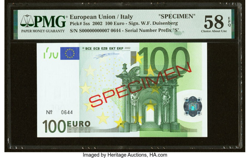 European Union Central Bank, Italy 100 Euro 2002 Pick 5ss Specimen PMG Choice Ab...