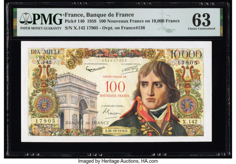 France Banque de France 100 Nouveaux Francs on 10,000 Francs 30.10.1958 Pick 140...