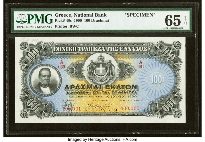 Greece National Bank of Greece 100 Drachmai 10.6.1900 Pick 48s Specimen PMG Gem ...