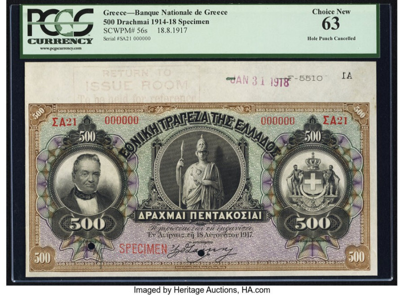 Greece National Bank of Greece 500 Drachmai 18.8.1917 Pick 56s Specimen PCGS Cho...