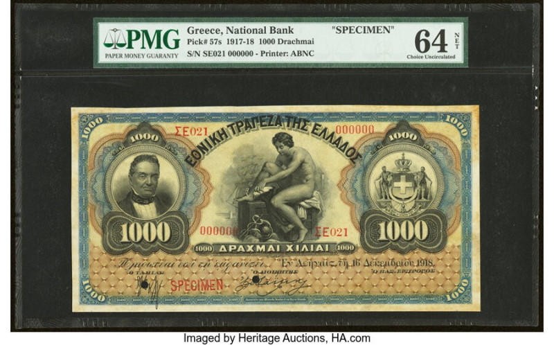 Greece National Bank of Greece 1000 Drachmai 16.8.1918 Pick 57s Specimen PMG Cho...