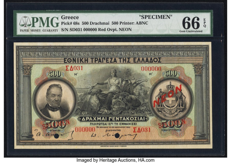 Greece National Bank of Greece 500 Drachmai 25.1.1922 Pick 68s Specimen PMG Gem ...