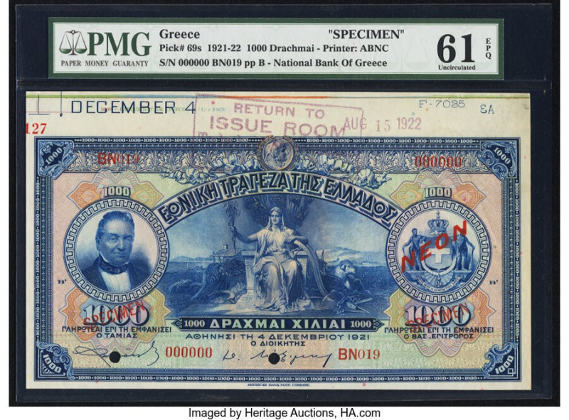 Greece National Bank of Greece 1000 Drachmai 4.12.1921 Pick 69s Specimen PMG Unc...