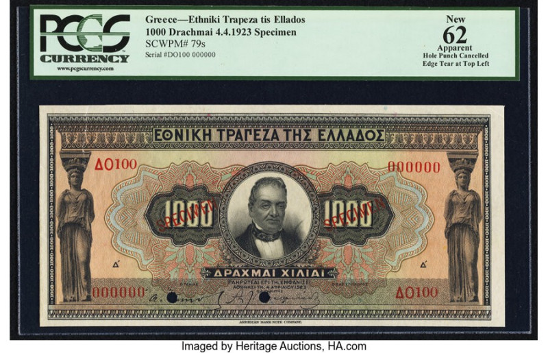 Greece National Bank of Greece 1000 Drachmai 4.4.1923 Pick 79s Specimen PCGS App...